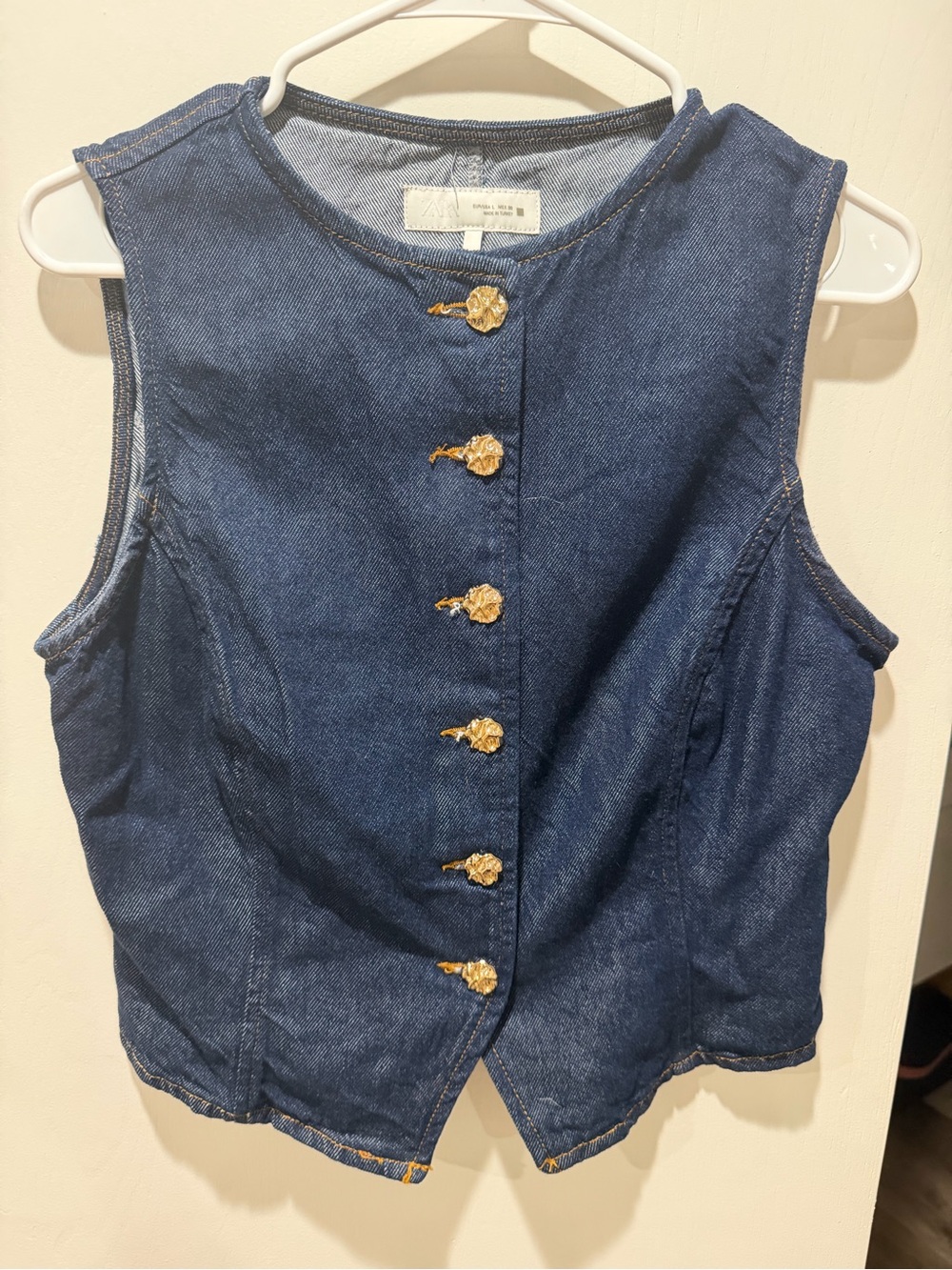 Zara Indigo Denim Sleeveless Jacket with Gold Accents